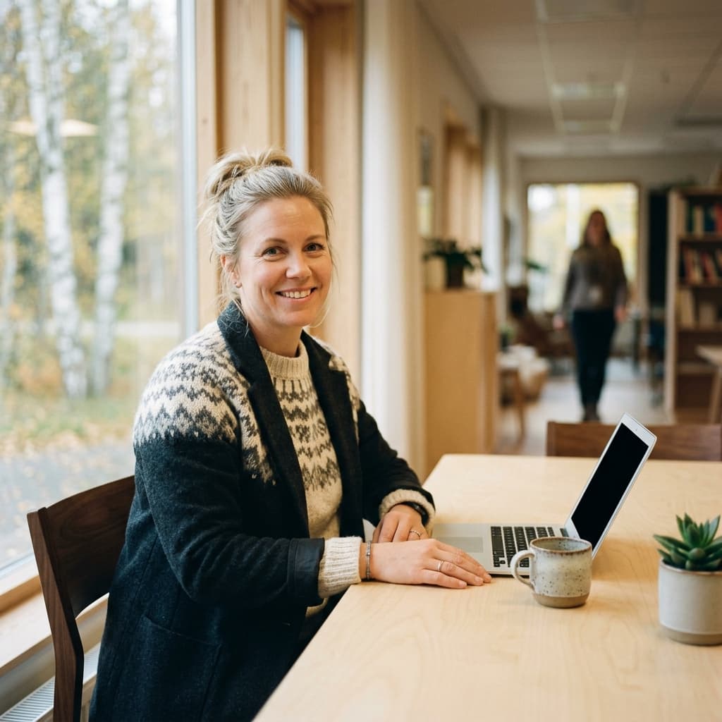 Kommunal samordnare vid dator på ett ljust nordiskt kontor
