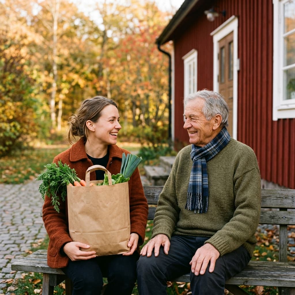 Volontär och äldre man som samtalar på en bänk
